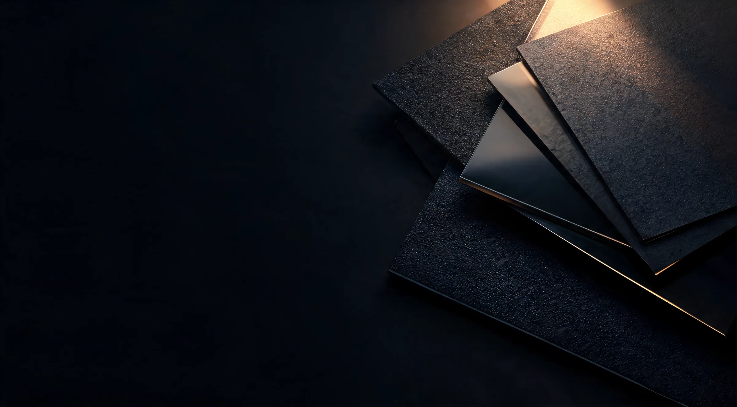 Dark layered matte surfaces catching a single warm, raking light