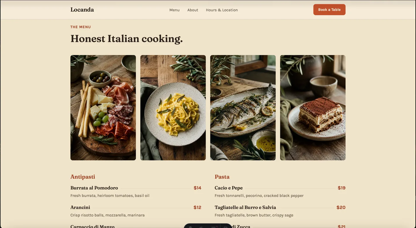 Locanda's menu section: real dish photography above readable Antipasti and Pasta listings, no PDF