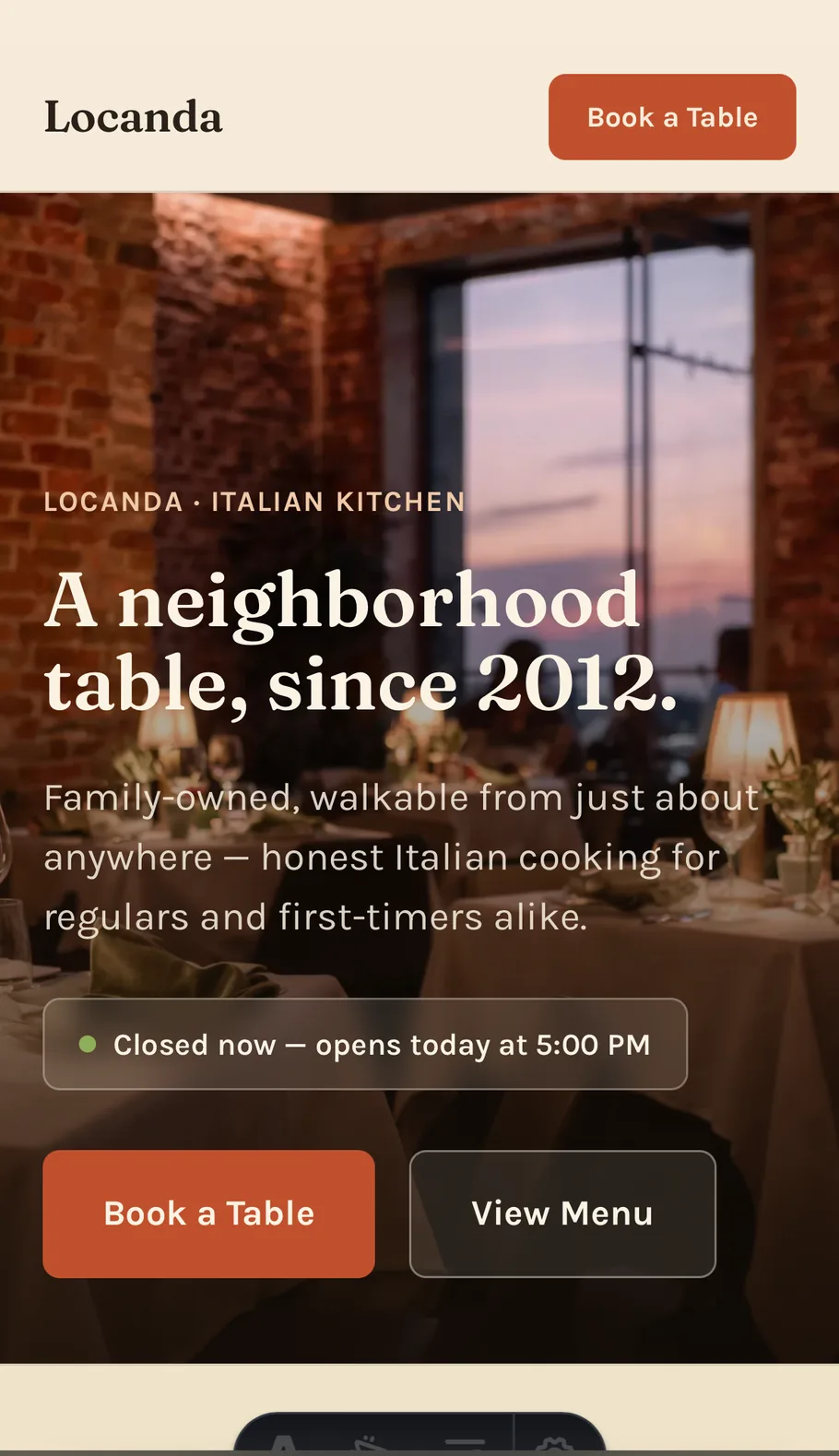 Locanda's redesigned site on a phone: the same hero content stacked for mobile, with Book a Table reachable without scrolling