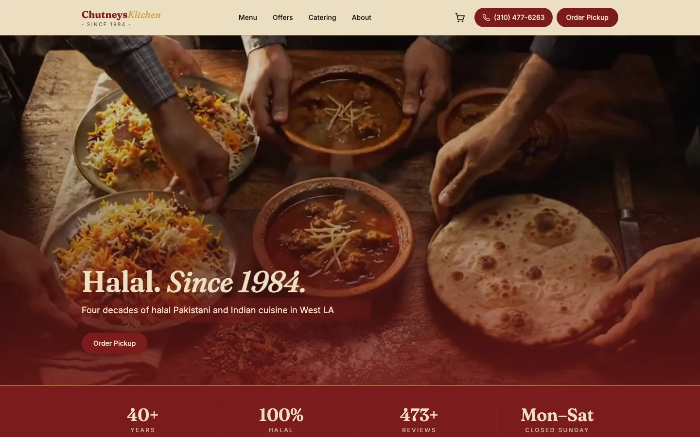 Chutneys Halal Kitchen homepage: a hero photo of shared plates of biryani, curry, and naan with a Halal Since 1984 headline and an Order Pickup button