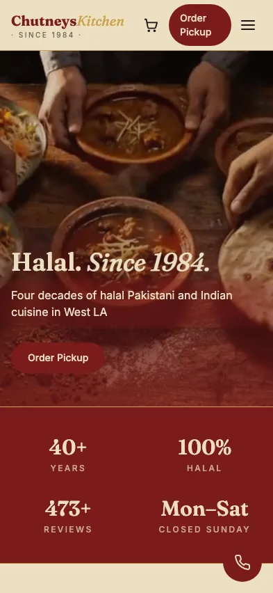 Chutneys Halal Kitchen homepage on a phone: the same hero content stacked for mobile, with an Order Pickup button reachable without scrolling