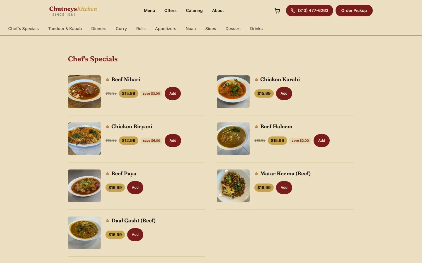 Chutneys Halal Kitchen ordering page: menu categories, dish photos, live pricing, and an Add button that places each item directly into a cart