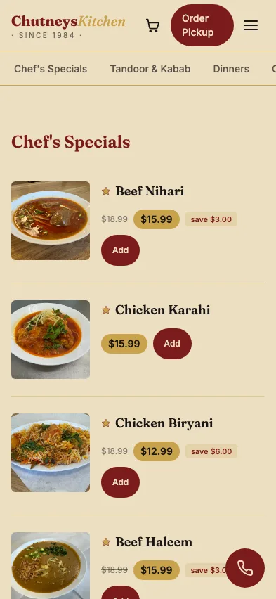 Chutneys Halal Kitchen ordering page on a phone: the same menu and cart, sized for one-handed ordering